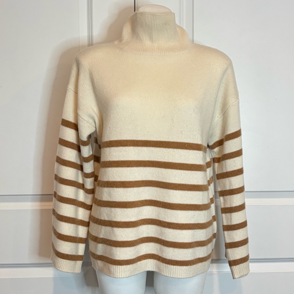 Frame White Tan Stripe Cashmere Mock Neck Bell Sleeve Sweater XS